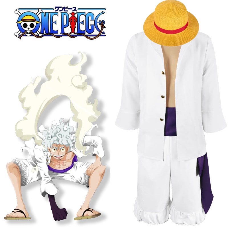 White Luffy Gear 5 Cosplay Costume Nika Form Set Anime Monkey D Luffy Hat  shoes